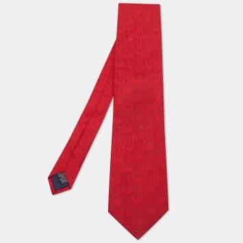 Pre Owned CH Carolina Herrera Red Logo Silk Jacquard Tie