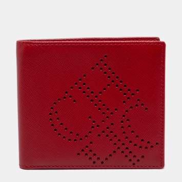 Pre Owned CH Carolina Herrera Red Leather Perforated Logo Bifold Wallet