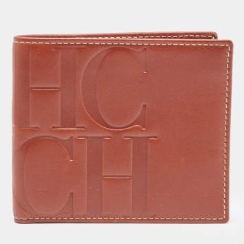 Pre Owned CH Carolina Herrera Tan Monogram Embossed Leather Bifold Wallet