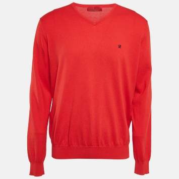 Pre Owned CH Carolina Herrera Red Wool Knit V-Neck Sweater XL