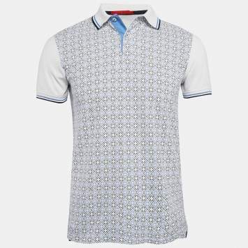 Pre Owned CH Carolina Herrera White/Blue Printed Cotton Polo T-Shirt S