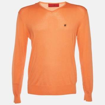 Pre Owned CH Carolina Herrera Orange Cotton Knit V-Neck Sweater S