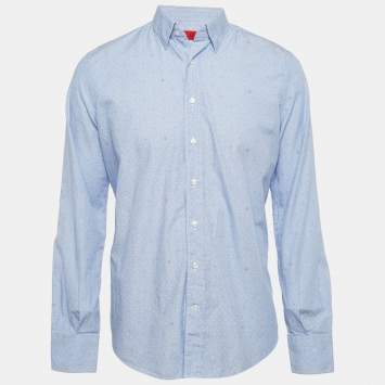 Pre Owned CH Carolina Herrera Blue Printed Chambray Button Front Shirt L