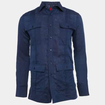 Pre Owned CH Carolina Herrera Blue Cotton Pleated Shirt S