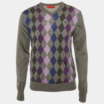 Pre Owned CH Carolina Herrera Grey Argyle Wool V-Neck Sweater M
