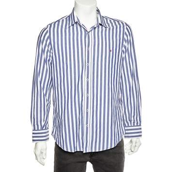 Pre Owned CH Carolina Herrera Blue & White Striped Cotton Button Front Shirt L