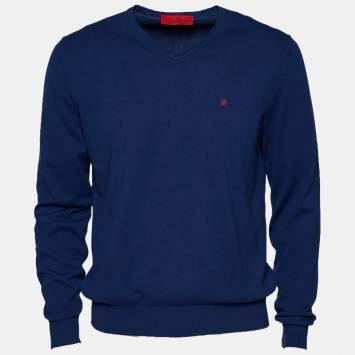 Pre Owned CH Carolina Herrera Blue Knit V Neck Long Sleeve Sweater M