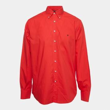 Pre Owned CH Carolina Herrera Red Logo Embroidered Cotton Button Down Full Sleeve Shirt XXL 