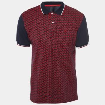 Pre Owned CH Carolina Herrera Navy Blue/Red Printed Cotton Pique Polo T-Shirt L