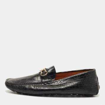 Pre Owned CH Carolina Herrera Black Croc Embossed Leather Slip On Loafers Size 43