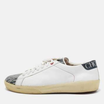 Pre Owned CH Carolina Herrera White/Beige Leather and Canvas Low Top Sneakers Size 43.5 