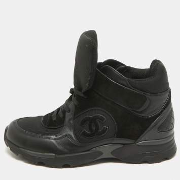 Pre Owned Chanel Black Leather And Suede CC High Top Sneakers Size 42