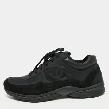 Chanel Black Suede, Nylon and Leather CC Low-Top Sneakers Size 45