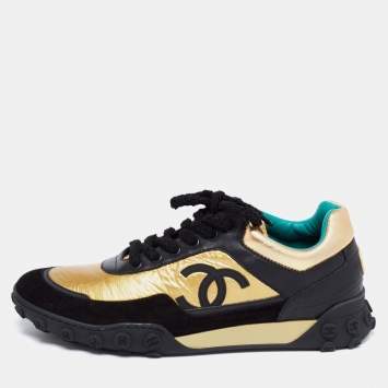 Pre Owned Chanel Black/Gold Leather and Suede CC Low-Top Sneakers Size 41.5