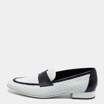 Pre Owned Chanel White/Black Woven Leather Penny Loafers Size 44