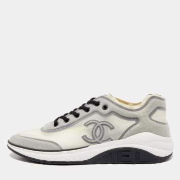 Pre Owned Chanel Cream/Black Mesh Lycra CC Low Top Sneakers Size 46