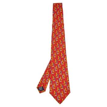 Pre Owned Chanel Red Lion Printed Silk Tie