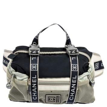 Pre Owned Chanel Navy Blue/White Nylon and Mesh Vintage CC Belt Bag