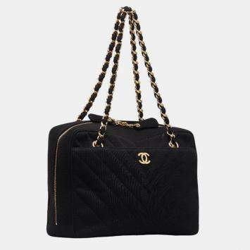 Pre Owned Chanel Black Jersey CC Chevron Pocket Camera Bag