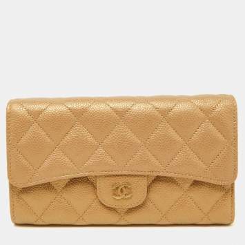 Pre Owned Chanel Gold Quilted Caviar Leather Trifold Wallet 