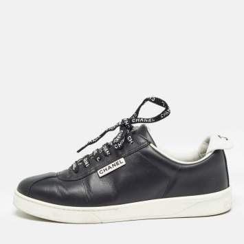 Pre Owned Chanel Black Leather Logo Lace Up CC Sneakers Size 38