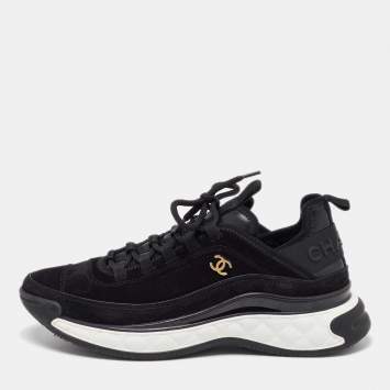 Pre Owned Chanel Black Suede CC Low Top Sneakers Size 42
