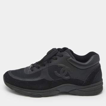 Pre Owned Chanel Black Nylon and Leather CC Low Top Sneakers Size 43