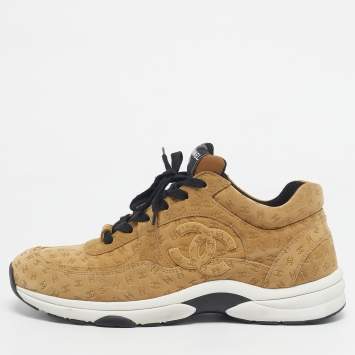 Pre Owned Chanel Tan CC Embossed Suede Low Top Sneakers Size 44