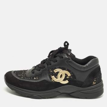 مملوكة مسبقًا Chanel CC Size 42 Black Suede and Tweed Lace Up Sneakers