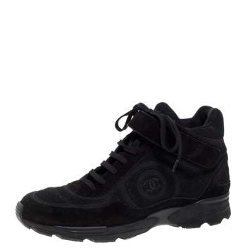 Pre Owned Chanel Black Shimmery Fabric and Suede CC High Top Sneakers Size 41