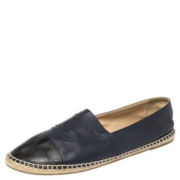 Pre Owned Chanel Blue/Black Leather CC Logo Espadrilles Size 44