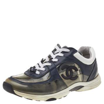 Pre Owned Chane Navy Blue Leather And PVC CC Low Top Sneakers Size 41