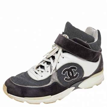 Pre Owned Chanel Grey/White Canvas And Leather CC Mid Top Sneakers Size 43