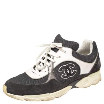 Pre Owned Chanel Grey/White Canvas, Suede and Leather CC Low Top Sneakers Size 41