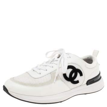 Pre Owned Chanel White Mesh and Leather CC Lace Up Sneakers Size 42