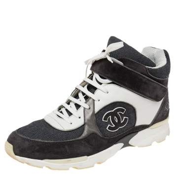 Pre Owned Chanel Grey/White Canvas And Leather CC High Top Sneakers Size 45