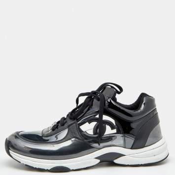 Pre Owned Chanel Black Patent Leather, PVC and Leather CC Logo Lace Up Sneakers Size 45