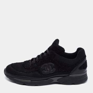 Pre Owned Chanel Black Lurex And Fabric CC Low Top Sneakers Size 41