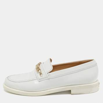 Pre Owned Chanel White Patent Leather Logo Chain Loafers Size 42