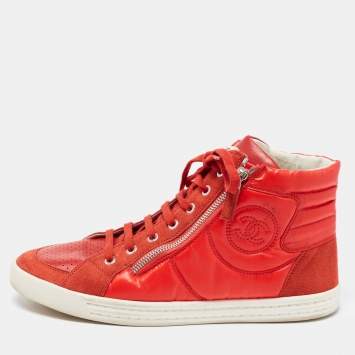 Pre Owned Chanel Red Leather and Nylon CC High Top Sneakers Size 41