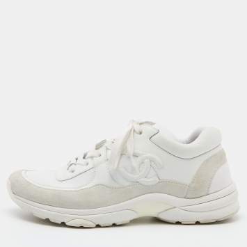 Pre Owned Chanel White Nylon, Suede and Leather CC Low Top Sneakers Size 39.5