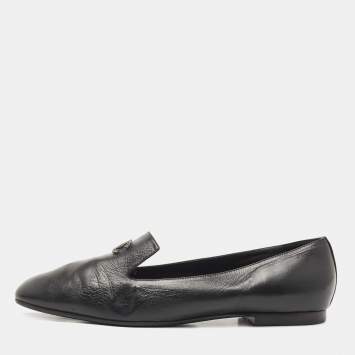 Pre Owned Chanel Black Leather CC Slip On Smoking Slippers Size 42