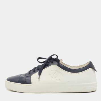 Pre Owned Chanel  Blue/White Rubber and Leather CC Trainer Low Top Sneakers Size 42