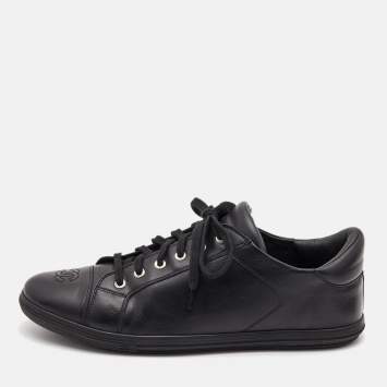 Pre Owned Chanel Black Leather CC Cap Toe Low Top Sneakers Size 44