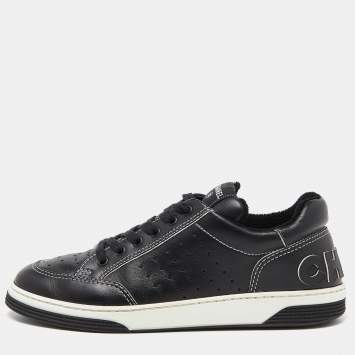 Pre Owned Chanel Black Perforated Leather Logo Low Top Sneakers Size 42