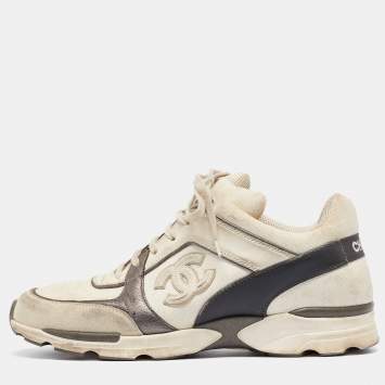 Pre Owned Chanel White/Grey Canvas and Gold CC Low  Top Sneakers Size 41