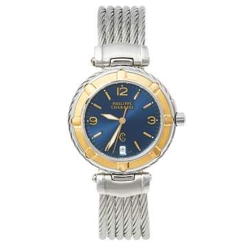 Pre Owned Philippe Charriol Blue 18K Yellow Gold & Stainless Steel 55.97.2379 Men's Wristwatch 33 mm