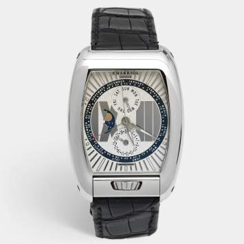 Pre Owned Charriol Silver White Stainless Steel Crocodile Leather Limited Edition Moonphase MD52.791.001 Men's Wristwatch 37 mm
