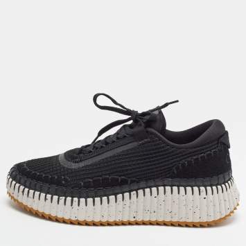 Pre Owned Chloé Nama Size 42 Black Knit Fabric and Suede Lace Up Sneakers
