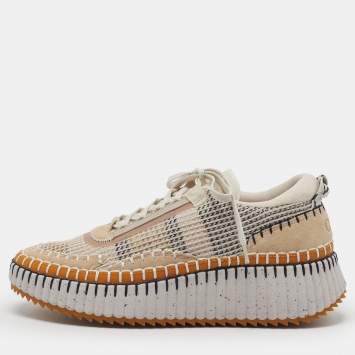 Pre Owned Chloe Nama Size 43 Multicolor Knit Fabric and Suede Lace Up Sneakers